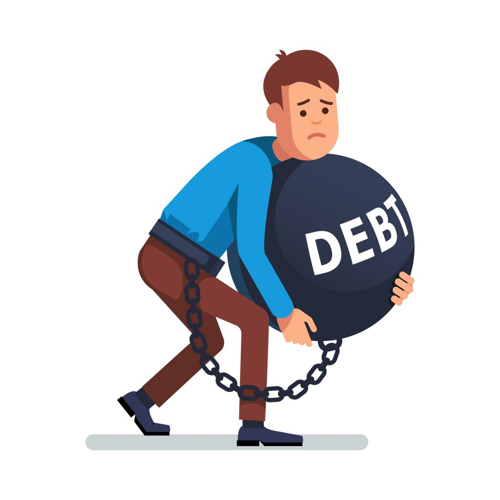 Illustration d’un personnage marchant courbé avec dans ses bras un énorme boulet « debt » qui lui est attaché par une chaîne.