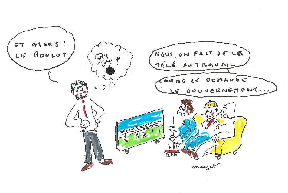 Un dessin représente des personnes dans un canapé, devant une télévision, répondant à un patron qu’elles font de la télé au travail, comme le demande le gouvernement.