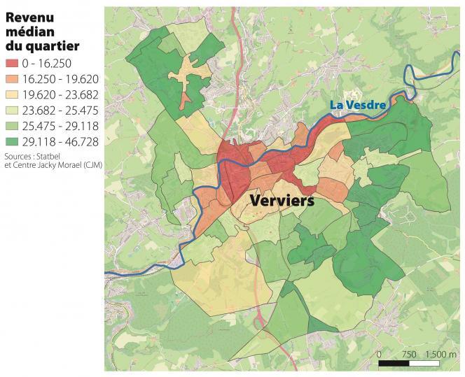 Carte avec un découpage de la ville de Verviers en zones colorées en fonction du revenu médian par quartiers.