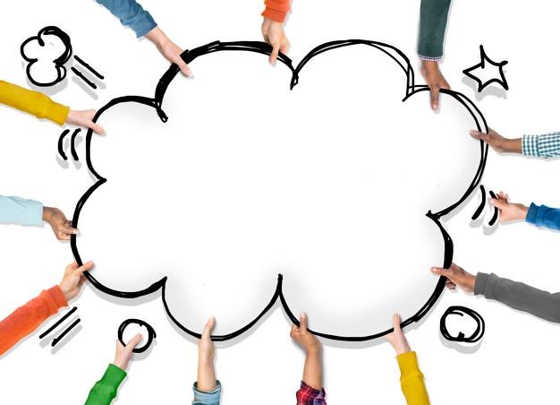 Illustration de plusieurs mains qui tiennent ensemble un nuage agité.