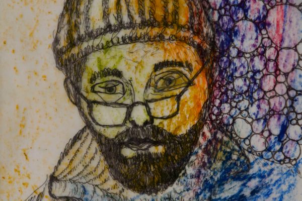 dessin d'un portrait d'homme barbu avec lunettes et bonnet