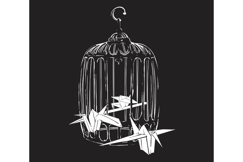 Un fond noir avec des lignes : une cage à oiseaux avec trois oiseaux en origami à l'intérieur et à l'extérieur de la cage