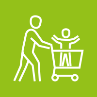 pictogramme : une personne avec enfant et un caddie de courses