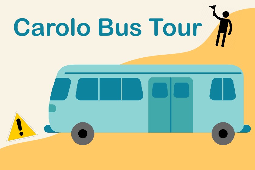 Dessin d'un autocar colorié. Texte : Carolo Bus Tour