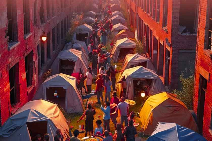 image de synthèse : entre des grand bâtiments une rue est longée de tentes de de gens qui se rencontrent